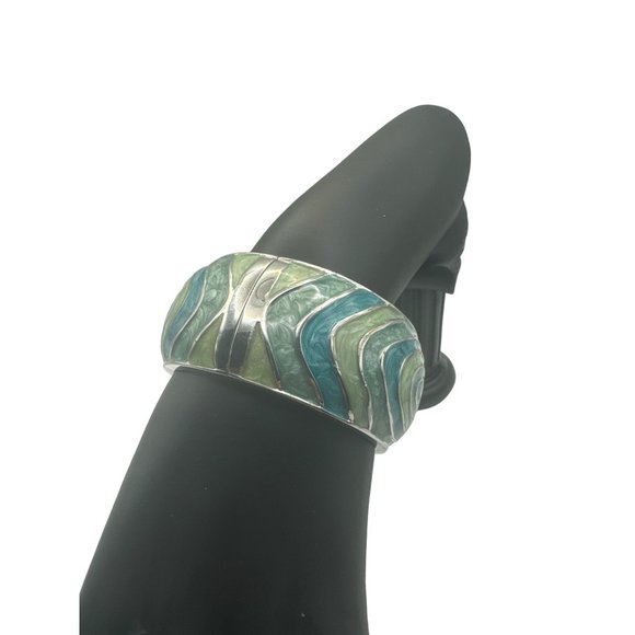 Bracelet Enamel Clamper Cloisonne Look Green Turquoise 3 in Diam. - Picture 3 of 5